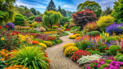 A colorful botanical garden with diverse plant species and flowers, botanical garden, daylilies, azaleas