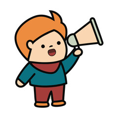 Cartoon Boy Holding Megaphone Vector Isolated on Transparent Background.