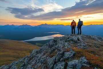 Fototapeta premium Hikers on Rocky Peak at Sunset