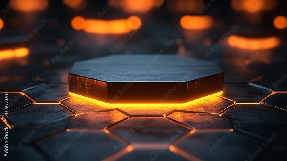 Poster 3d render of an abstract, futuristic hexagonal pedestal background with glowing light and technologi