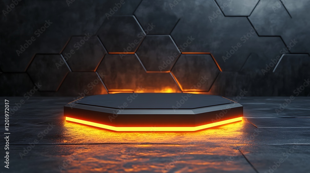 Poster 3d render of an abstract, futuristic hexagonal pedestal background with glowing light and technologi
