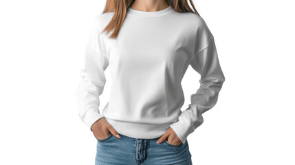 A young woman wearing a white sweatshirt with a casual and relaxed pose, showcasing comfort and simplicity in everyday fashion.