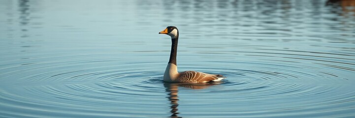Obraz premium A country goose rising from the surface of a peaceful lake with ripples spreading out as it breaks the water's surface, birds taking flight, lakeside scene, aquatic life