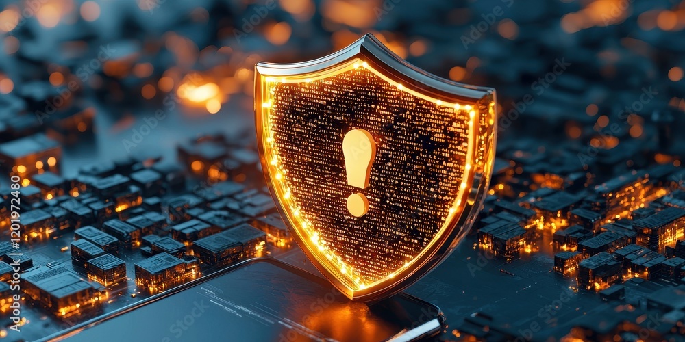 Poster digital security shield with warning symbol