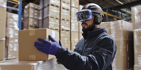 Male warehouse worker lifting a cardboard box while wearing augmented reality glasses, emphasizing smart logistics, innovation, and immersive industrial technology.