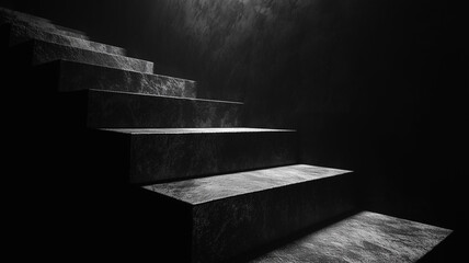 shadowy staircase illuminated by soft light, casting dramatic shadows.