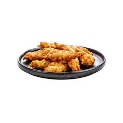 Crispy Chicken Tenders: A close-up shot of golden-brown, crispy chicken tenders piled high on a black plate,  evoking the irresistible crunch and savory flavor.