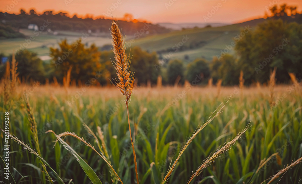 Aufkleber a tall stalk of grass is in the foreground of a field. the field is full of tall grass and the sun i