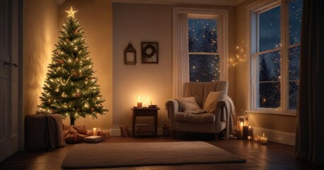 A tinsel Christmas tree in a cozy reading nook with a warm candlelight glow, relaxing decor, comfortable seating, cozy reading nook