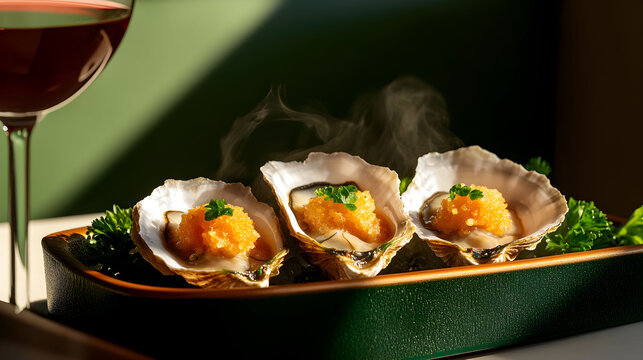 Exquisite oysters served on a platter with garnishes and a glass of red wine in a warmly lit setting during an evening meal