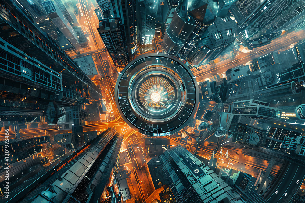 Poster bring to life a futuristic world through aerial view pop art, blending dystopian elements in a photo
