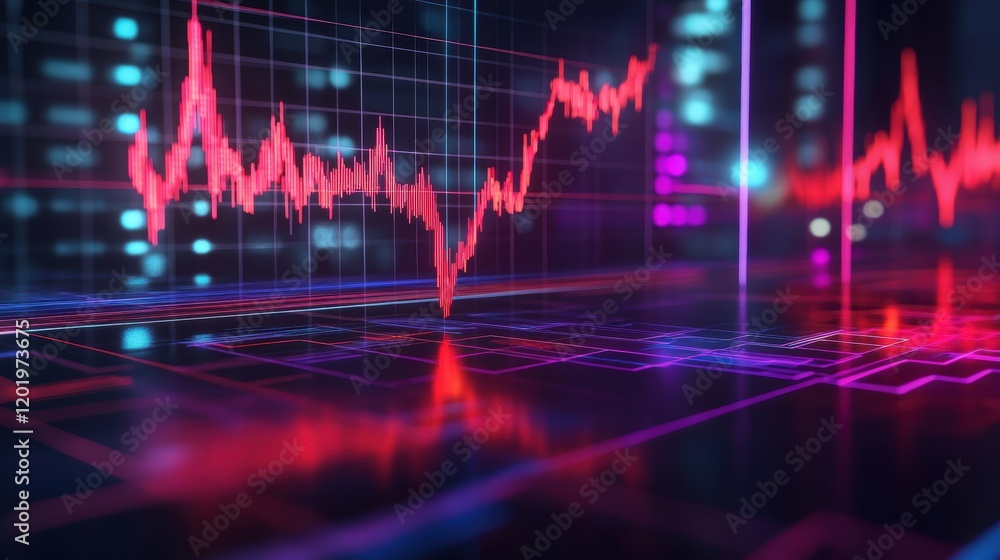Poster stock market analysis with red and blue line graphs showing trends and fluctuations in data visualiz