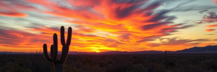 Obraz premium A lone cactus stands against the vibrant colors of the sky during a peaceful sunset, pink skies, sunset, orange hues