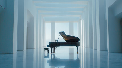 Fototapeta premium grand piano in bright, open room with white walls