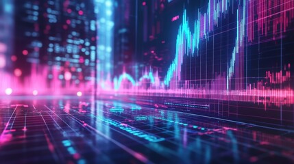 Colorful stock market display with neon blue and pink background highlighting financial data trends