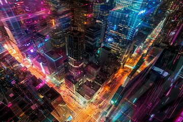 Fototapeta premium Capture a mesmerizing birds-eye view of a futuristic cityscape with holographic overlays blending technology and psychology, from a tight, skewed angle Combine vibrant colors and intricate details usi