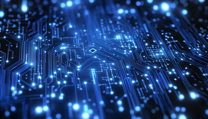 Obraz premium Abstract close-up of a glowing blue circuit board, representing digital technology, innovation, and connectivity. Ideal for tech, futuristic, and science themes.