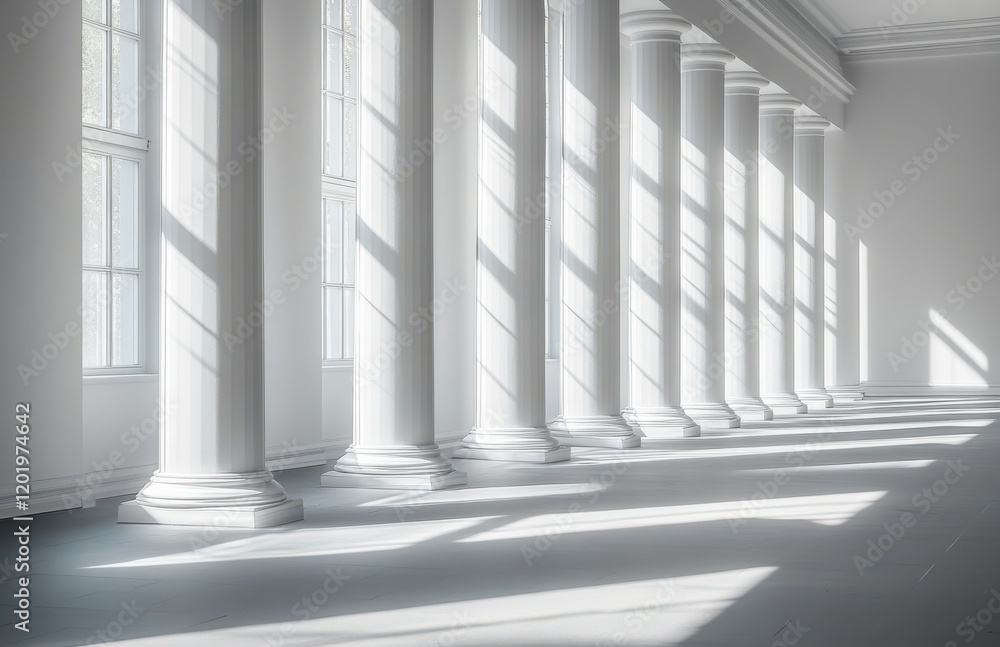 Poster bright and airy interior with elegant columns casting shadows in a minimalist space featuring large 