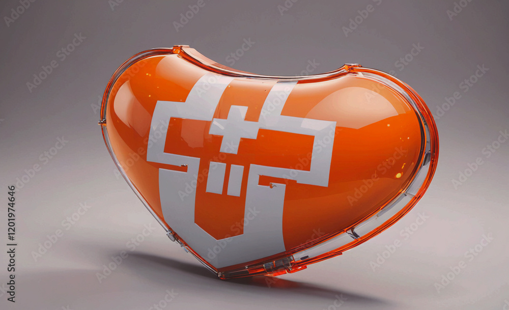 Poster A heart shaped object with the letters C and U on it. The heart is orange and white