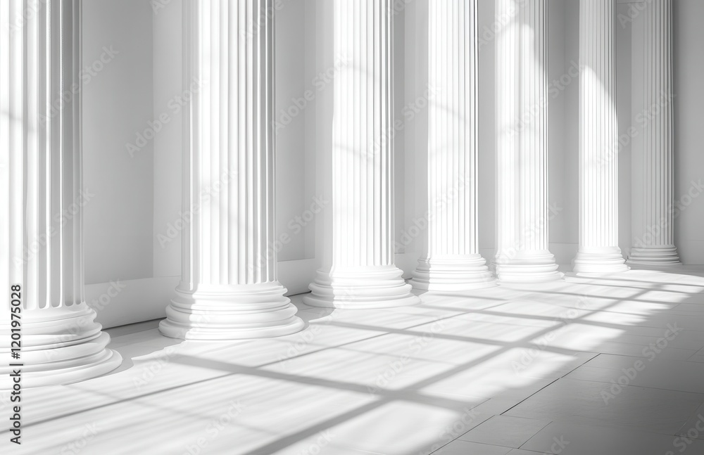 Poster bright and elegant interior with white columns and soft shadows casting on the floor, perfect for ar