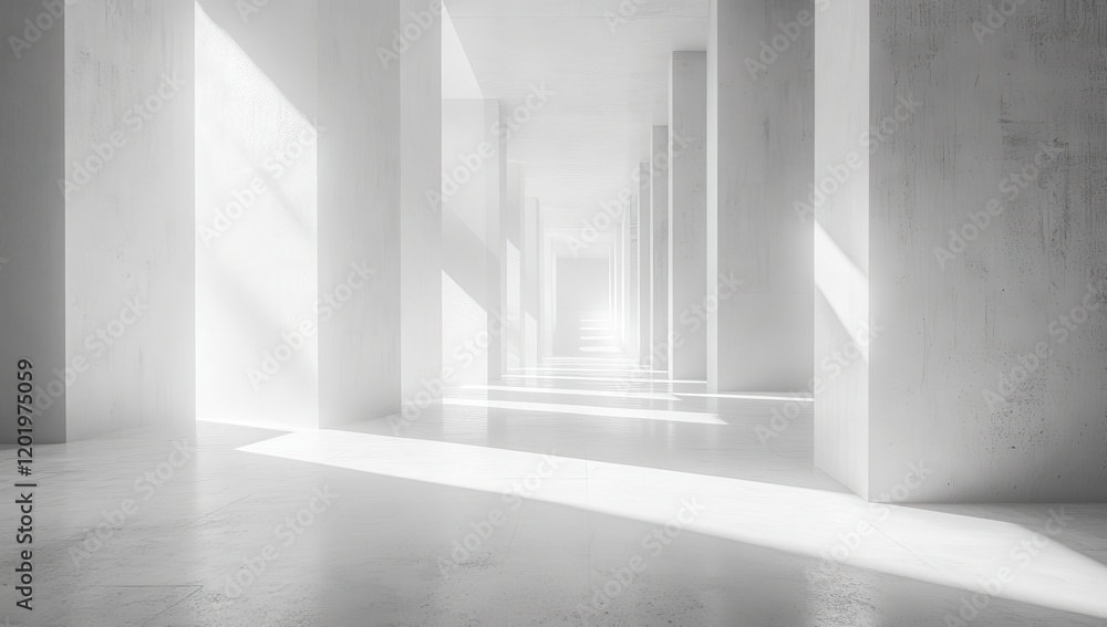 Poster Bright and Minimalist Interior Space with Abstract Architecture Featuring White Columns and Natural Light Creating a Serene and Open Atmosphere