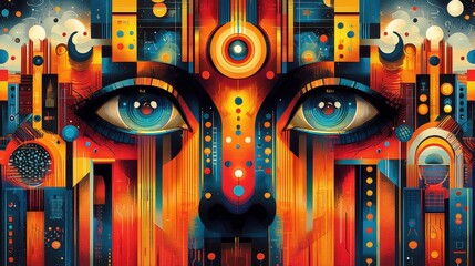 A vibrant futuristic face merges with intricate geometric patterns and mechanical elements. Ideal for album covers or sci-fi-themed designs.