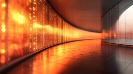 Futuristic corridor with glowing data wall.
