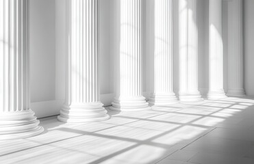 Bright and Elegant Interior with White Columns and Soft Shadows Casting on the Floor, Perfect for Architectural and Design Backgrounds