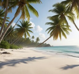 A tranquil morning scene on a serene white beach with gentle waves and swaying palms , sunrise, peaceful, morning