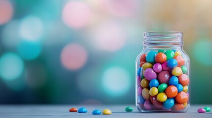 Colorful Candy Jar on Blurred Background - Sweet treats, vibrant colors, sugary delights, cheerful mood, festive joy. A jar filled with colorful candy against a blurred background.