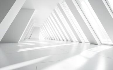 Obraz premium Bright and Modern Interior Space with Angled Windows and Clean Lines, Showcasing Minimalist Design Principles in a Contemporary Architectural Setting