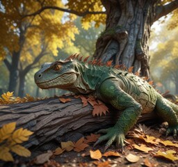 Fototapeta premium A tree trunk covered in leaves and a reptilian creature resting, animal behavior, outdoor scene