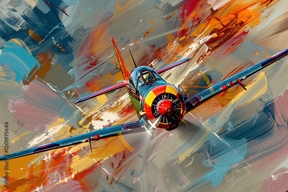 Poster capture the essence of flight in a dynamic abstract art piece through a tilted angle view depict ico