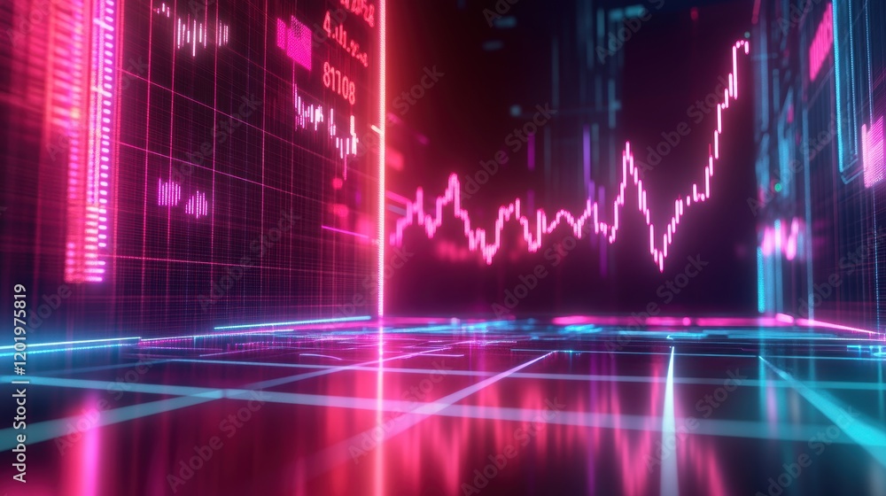 Poster neon colored stock market scene with graphs and financial data indicators displayed on digital scree