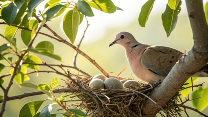 A turtledove and its eggs in a nest on an almond tree branch with sunlight filtering through, nest, egg, birds of prey