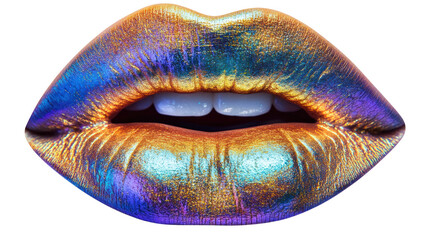 Obraz premium A close-up of vibrant, colorful lips showcasing a stunning metallic sheen. Perfect for beauty, makeup, and fashion-related content.