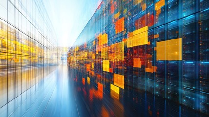 Futuristic data center corridor with glowing servers.