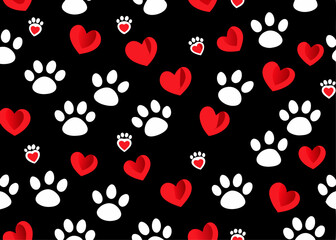 Cute pet pattern with red hearts and white paw prints on a black background