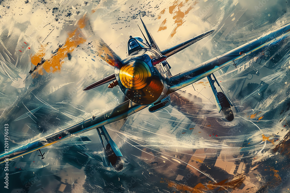 Poster capture the essence of flight in a dynamic abstract art piece through a tilted angle view depict ico