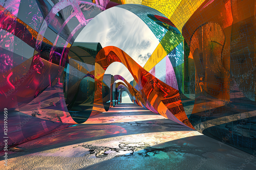 Aufkleber capture the essence of modernity with an abstract art piece in a virtual reality setting, showcasing