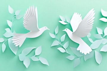 Fototapeta premium Elegant Paper Cut Birds in Flight Among Green Leaves on Soft Mint Background Representing Freedom, Nature, and Serenity in Creative Art Composition
