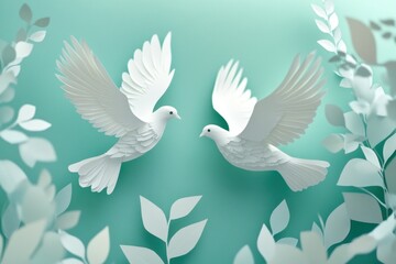 Fototapeta premium Elegant White Doves in Flight Surrounded by Greenery, Symbolizing Peace, Harmony, and Grace on a Soft Turquoise Background