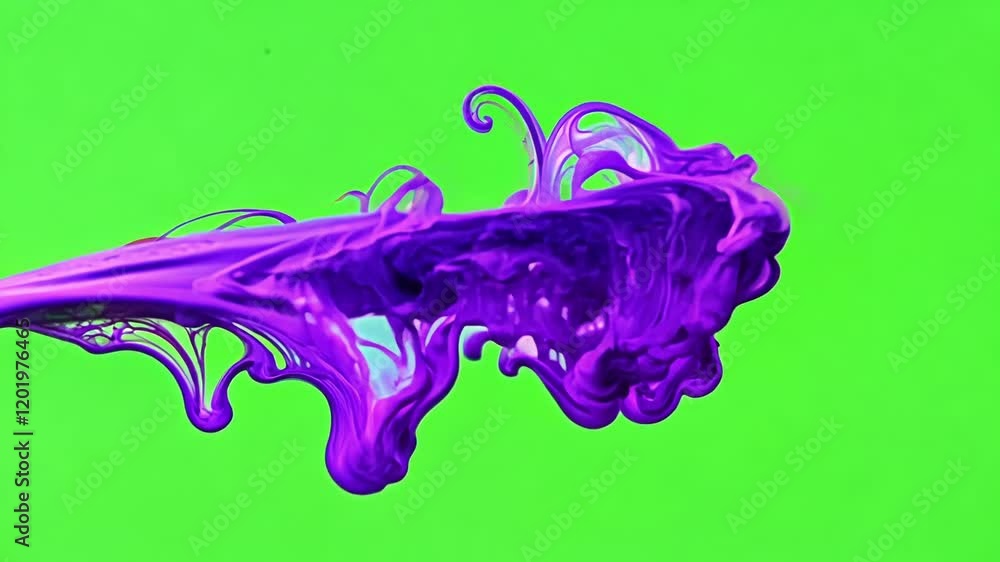 Poster purple ink cascading and creating an organic wave. green screen chromakey.