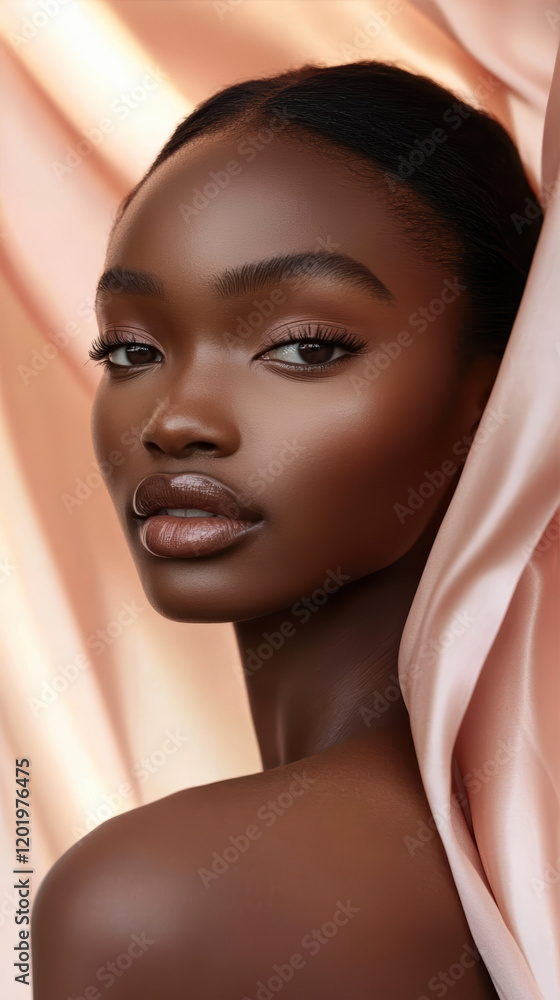 Poster captivating elegance of smooth fabric draping against glowing skin in a soft and serene setting