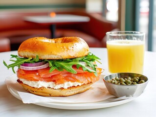 Breakfast and brunch trends. A delicious bagel sandwich with smoked salmon, cream cheese, greens, and a side of juice.