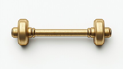 Gold dumbbell on white background, overhead view, simple backdrop.