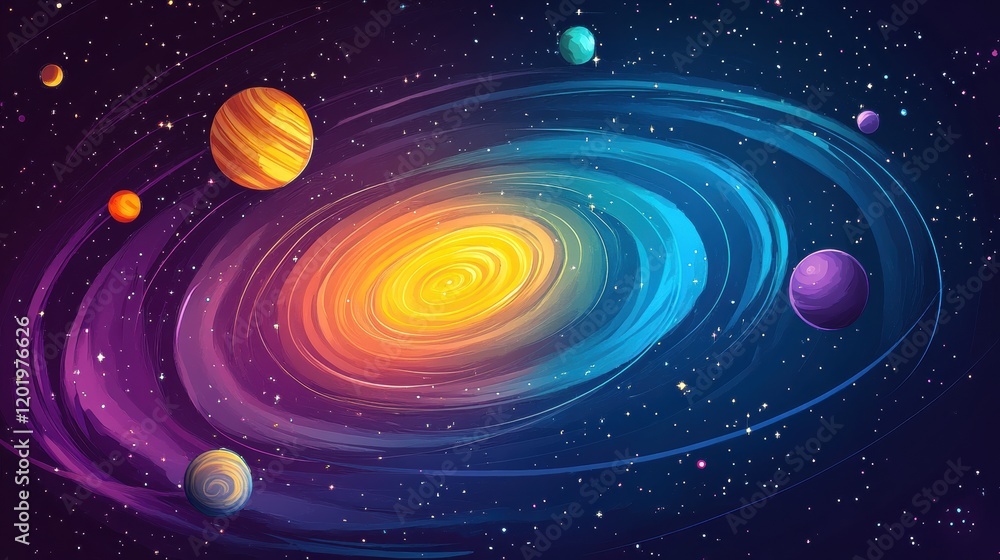 Poster swirling nebula and glowing planets create a vibrant galaxy in a cosmic landscape. generative ai