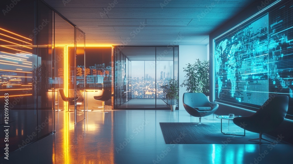 Poster futuristic office space with global data visualization