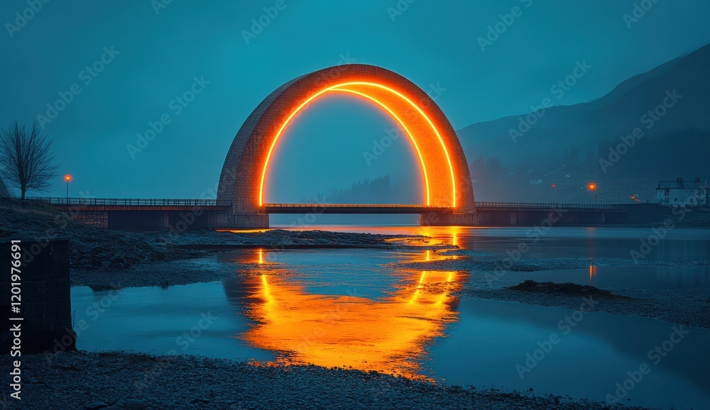 Poster captivating view of illuminated circular bridge reflecting on calm water at twilight, surrounded by 