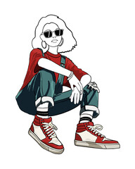 Cool girl in high top sneakers - in a drawing process